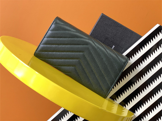 Y.S.L CASSANDRA MATELASS?? LARGE FLAP WALLET IN GRAIN DE POUDRE EMBOSSED LEATHER Dk Green Color Gold Tone Metal