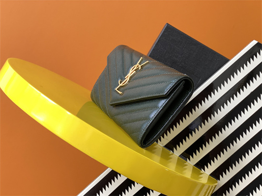 Y.S.L CASSANDRA MATELASS?? LARGE FLAP WALLET IN GRAIN DE POUDRE EMBOSSED LEATHER Dk Green Color Gold Tone Metal