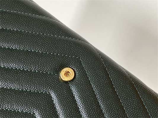 Y.S.L CASSANDRA MATELASS?? LARGE FLAP WALLET IN GRAIN DE POUDRE EMBOSSED LEATHER Dk Green Color Gold Tone Metal