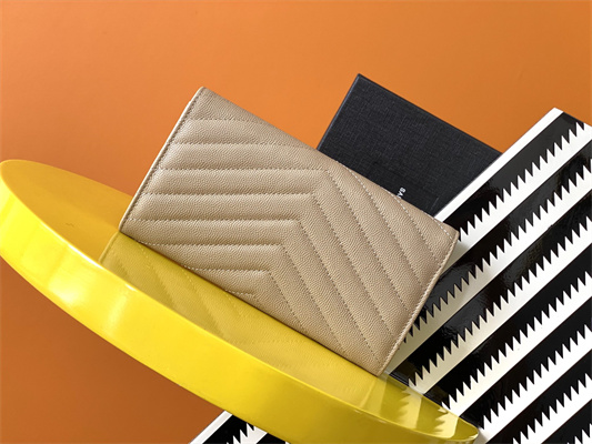 Y.S.L CASSANDRA MATELASS?? LARGE FLAP WALLET IN GRAIN DE POUDRE EMBOSSED LEATHER Beige Color Gold Tone Metal