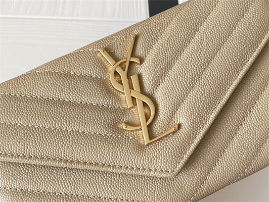 Y.S.L CASSANDRA MATELASS?? LARGE FLAP WALLET IN GRAIN DE POUDRE EMBOSSED LEATHER Beige Color Gold Tone Metal