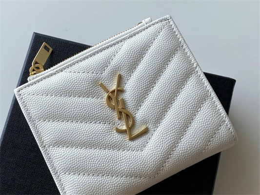 Y.S.L CASSANDRA MATELASS?? BI-FOLD WALLET IN GRAIN DE POUDRE EMBOSSED LEATHER White Color Gold Tone Metal