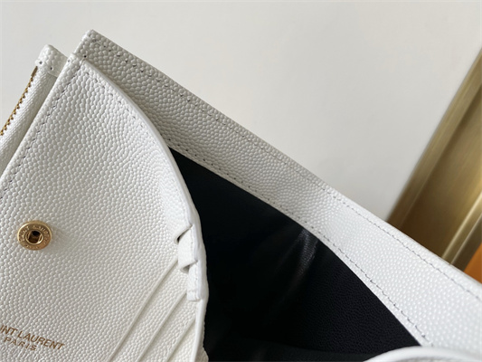 Y.S.L CASSANDRA MATELASS?? BI-FOLD WALLET IN GRAIN DE POUDRE EMBOSSED LEATHER White Color Gold Tone Metal