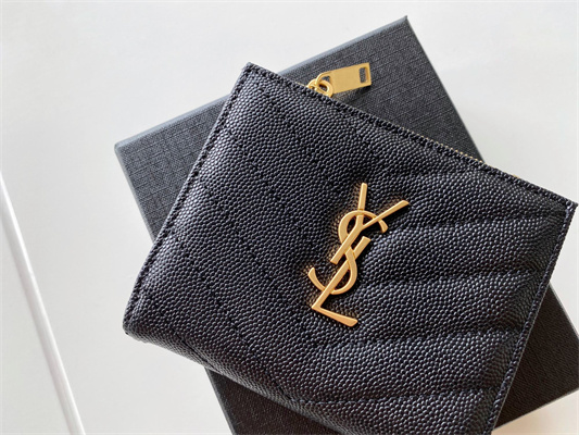 Y.S.L CASSANDRA MATELASS?? BI-FOLD WALLET IN GRAIN DE POUDRE EMBOSSED LEATHER Black Color Gold Tone Metal