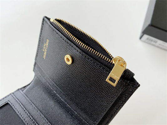 Y.S.L CASSANDRA MATELASS?? BI-FOLD WALLET IN GRAIN DE POUDRE EMBOSSED LEATHER Black Color Gold Tone Metal