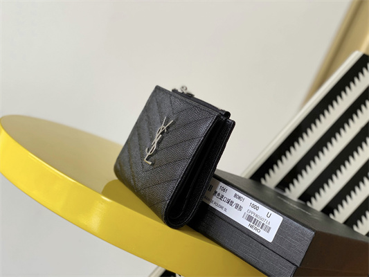 Y.S.L CASSANDRA MATELASS?? BI-FOLD WALLET IN GRAIN DE POUDRE EMBOSSED LEATHER Black Color Silver Tone Metal