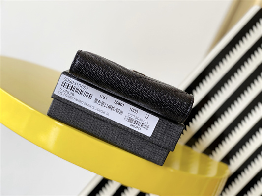 Y.S.L CASSANDRA MATELASS?? BI-FOLD WALLET IN GRAIN DE POUDRE EMBOSSED LEATHER Black Color Silver Tone Metal