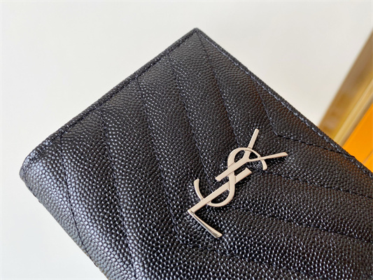 Y.S.L CASSANDRA MATELASS?? BI-FOLD WALLET IN GRAIN DE POUDRE EMBOSSED LEATHER Black Color Silver Tone Metal