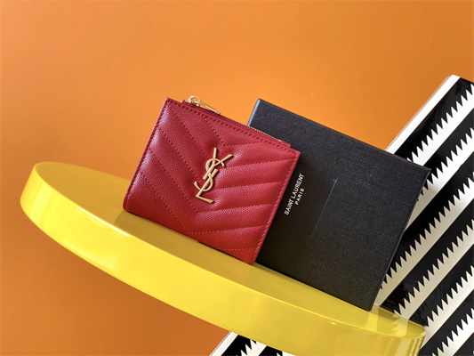 Y.S.L CASSANDRA MATELASS?? BI-FOLD WALLET IN GRAIN DE POUDRE EMBOSSED LEATHER Red Color Gold Tone Metal