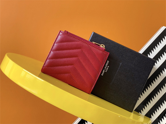 Y.S.L CASSANDRA MATELASS?? BI-FOLD WALLET IN GRAIN DE POUDRE EMBOSSED LEATHER Red Color Gold Tone Metal