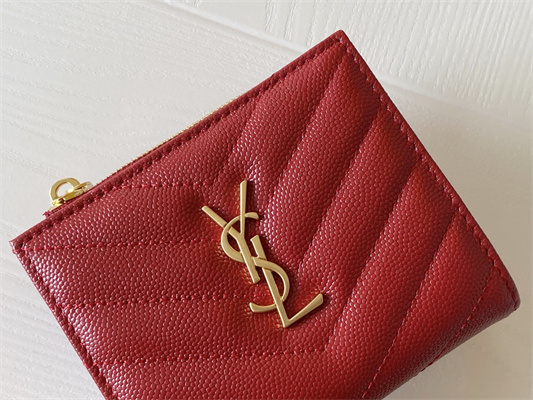 Y.S.L CASSANDRA MATELASS?? BI-FOLD WALLET IN GRAIN DE POUDRE EMBOSSED LEATHER Red Color Gold Tone Metal