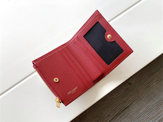 Y.S.L CASSANDRA MATELASS?? BI-FOLD WALLET IN GRAIN DE POUDRE EMBOSSED LEATHER Red Color Gold Tone Metal