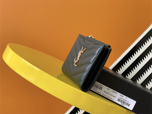 Y.S.L CASSANDRA MATELASS?? BI-FOLD WALLET IN GRAIN DE POUDRE EMBOSSED LEATHER Dk Green Color Gold Tone Metal