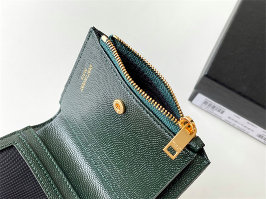 Y.S.L CASSANDRA MATELASS?? BI-FOLD WALLET IN GRAIN DE POUDRE EMBOSSED LEATHER Dk Green Color Gold Tone Metal