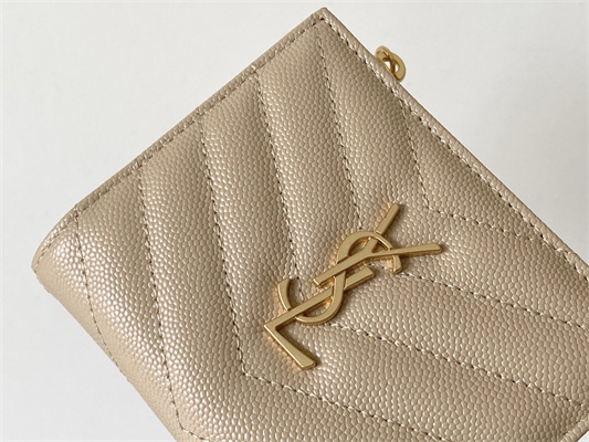 Y.S.L CASSANDRA MATELASS?? BI-FOLD WALLET IN GRAIN DE POUDRE EMBOSSED LEATHER Beige Color Gold Tone Metal