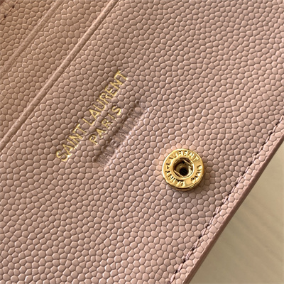 Y.S.L MONOGRAM MATELASS?? WALLET IN GRAIN DE POUDRE EMBOSSED LEATHER Pink Color Gold Tone Metal