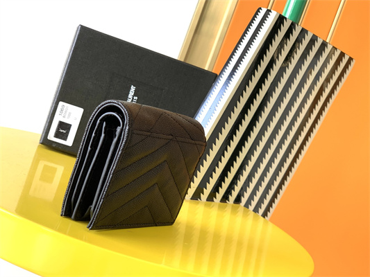 Y.S.L MONOGRAM MATELASS?? WALLET IN GRAIN DE POUDRE EMBOSSED LEATHER Black Color Silver Tone Metal