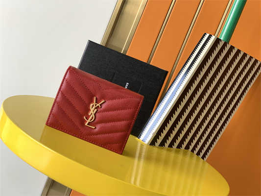 Y.S.L MONOGRAM MATELASS?? WALLET IN GRAIN DE POUDRE EMBOSSED LEATHER Red Color Gold Tone Metal