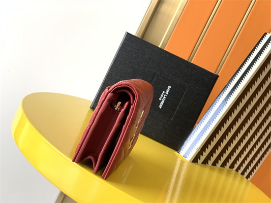 Y.S.L MONOGRAM MATELASS?? WALLET IN GRAIN DE POUDRE EMBOSSED LEATHER Red Color Gold Tone Metal