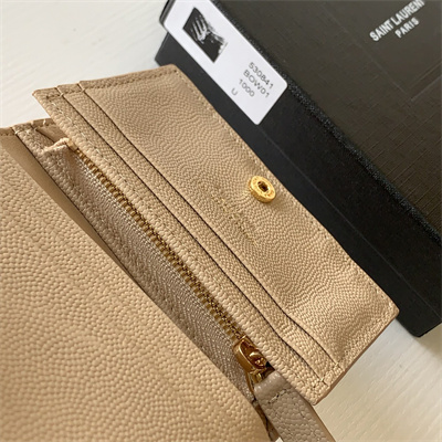 Y.S.L MONOGRAM MATELASS?? WALLET IN GRAIN DE POUDRE EMBOSSED LEATHER Beige Color Gold Tone Metal