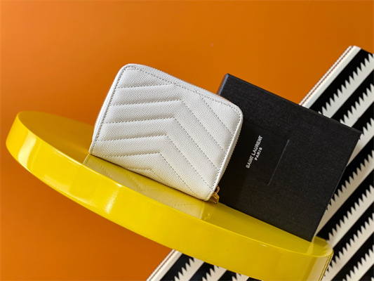 Y.S.L CASSANDRA MATELASS?? COMPACT ZIP AROUND WALLET IN GRAIN DE POUDRE EMBOSSED LEATHER White Color Gold Tone Metal