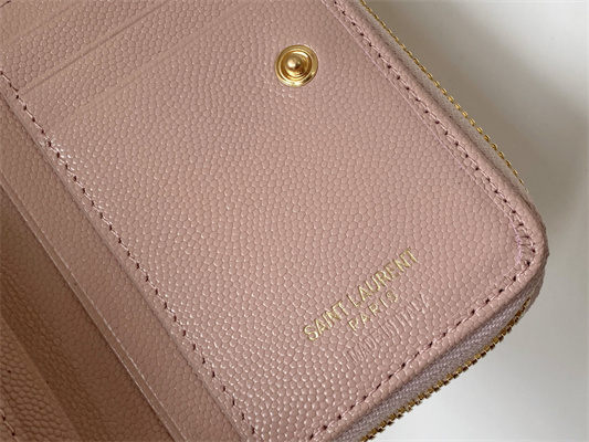Y.S.L CASSANDRA MATELASS?? COMPACT ZIP AROUND WALLET IN GRAIN DE POUDRE EMBOSSED LEATHER Pink Color Gold Tone Metal