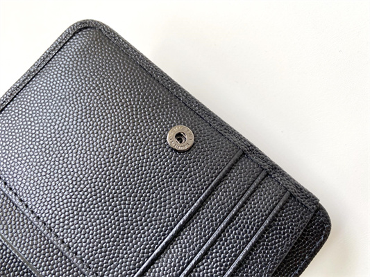 Y.S.L CASSANDRA MATELASS?? COMPACT ZIP AROUND WALLET IN GRAIN DE POUDRE EMBOSSED LEATHER Black Color Black Tone Metal