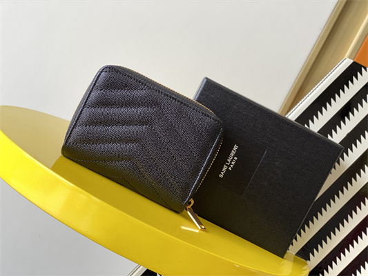 Y.S.L CASSANDRA MATELASS?? COMPACT ZIP AROUND WALLET IN GRAIN DE POUDRE EMBOSSED LEATHER Black Color Gold Tone Metal