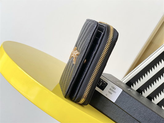 Y.S.L CASSANDRA MATELASS?? COMPACT ZIP AROUND WALLET IN GRAIN DE POUDRE EMBOSSED LEATHER Black Color Gold Tone Metal