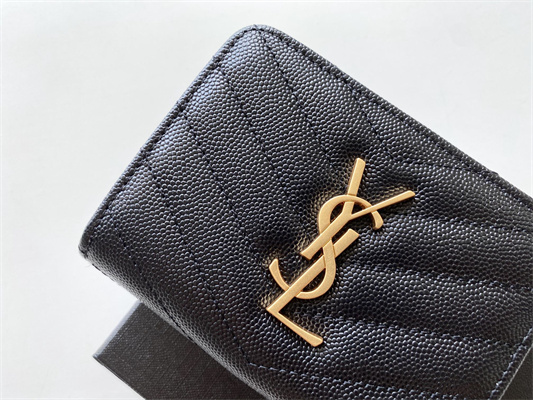 Y.S.L CASSANDRA MATELASS?? COMPACT ZIP AROUND WALLET IN GRAIN DE POUDRE EMBOSSED LEATHER Black Color Gold Tone Metal