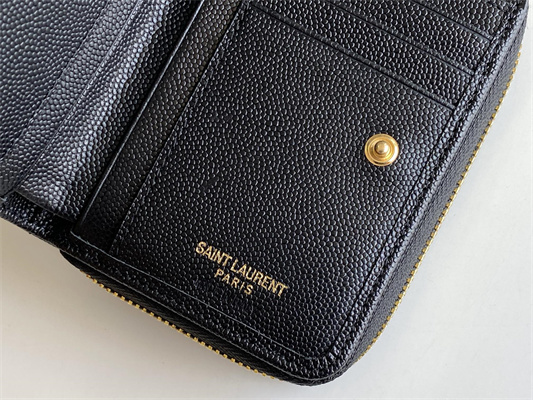 Y.S.L CASSANDRA MATELASS?? COMPACT ZIP AROUND WALLET IN GRAIN DE POUDRE EMBOSSED LEATHER Black Color Gold Tone Metal