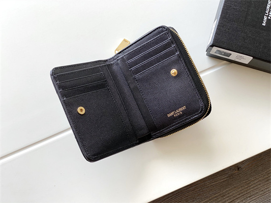 Y.S.L CASSANDRA MATELASS?? COMPACT ZIP AROUND WALLET IN GRAIN DE POUDRE EMBOSSED LEATHER Black Color Gold Tone Metal