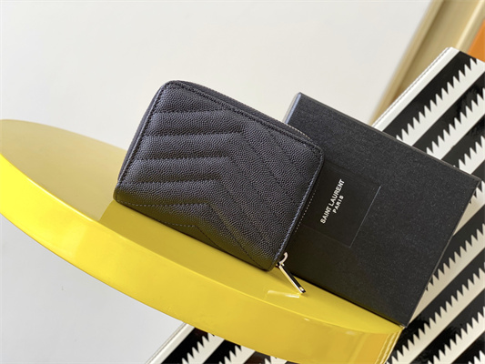 Y.S.L CASSANDRA MATELASS?? COMPACT ZIP AROUND WALLET IN GRAIN DE POUDRE EMBOSSED LEATHER Black Color Silver Tone Metal