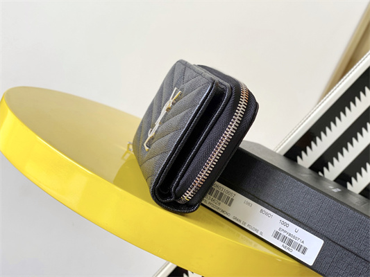 Y.S.L CASSANDRA MATELASS?? COMPACT ZIP AROUND WALLET IN GRAIN DE POUDRE EMBOSSED LEATHER Black Color Silver Tone Metal