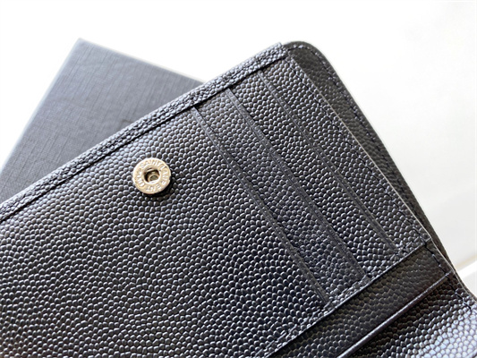 Y.S.L CASSANDRA MATELASS?? COMPACT ZIP AROUND WALLET IN GRAIN DE POUDRE EMBOSSED LEATHER Black Color Silver Tone Metal