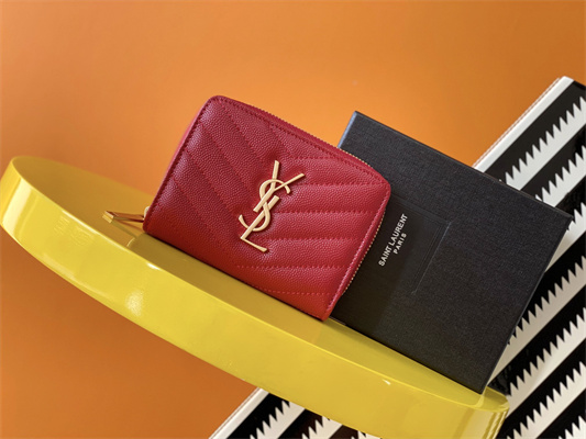 Y.S.L CASSANDRA MATELASS?? COMPACT ZIP AROUND WALLET IN GRAIN DE POUDRE EMBOSSED LEATHER Red Color Gold Tone Metal