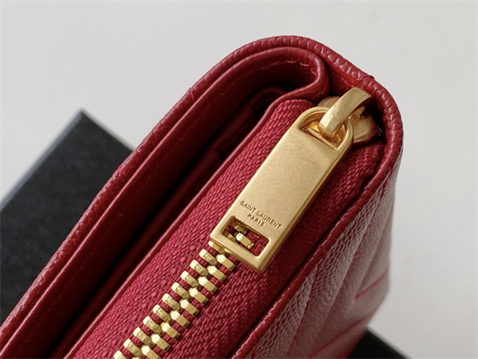 Y.S.L CASSANDRA MATELASS?? COMPACT ZIP AROUND WALLET IN GRAIN DE POUDRE EMBOSSED LEATHER Red Color Gold Tone Metal