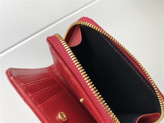Y.S.L CASSANDRA MATELASS?? COMPACT ZIP AROUND WALLET IN GRAIN DE POUDRE EMBOSSED LEATHER Red Color Gold Tone Metal