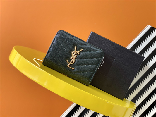 Y.S.L CASSANDRA MATELASS?? COMPACT ZIP AROUND WALLET IN GRAIN DE POUDRE EMBOSSED LEATHER Dk Green Color Gold Tone Metal