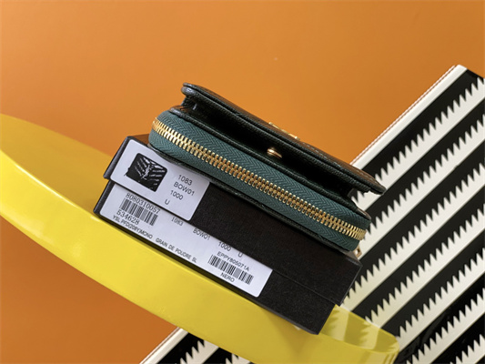 Y.S.L CASSANDRA MATELASS?? COMPACT ZIP AROUND WALLET IN GRAIN DE POUDRE EMBOSSED LEATHER Dk Green Color Gold Tone Metal