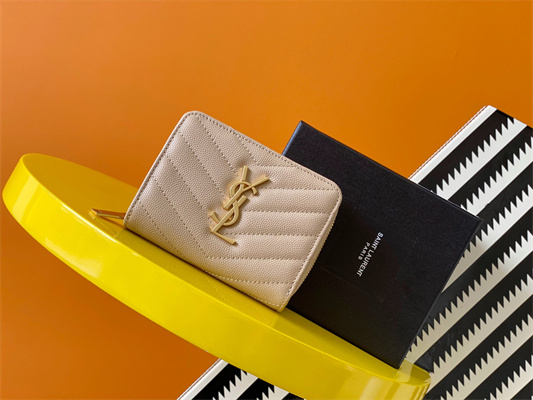 Y.S.L CASSANDRA MATELASS?? COMPACT ZIP AROUND WALLET IN GRAIN DE POUDRE EMBOSSED LEATHER Beige Color Gold Tone Metal