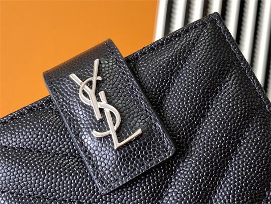 Y.S.L MONOGRAM BUSINESS CARD CASE IN GRAIN DE POUDRE EMBOSSED LEATHER Black Color Silver Tone Metal