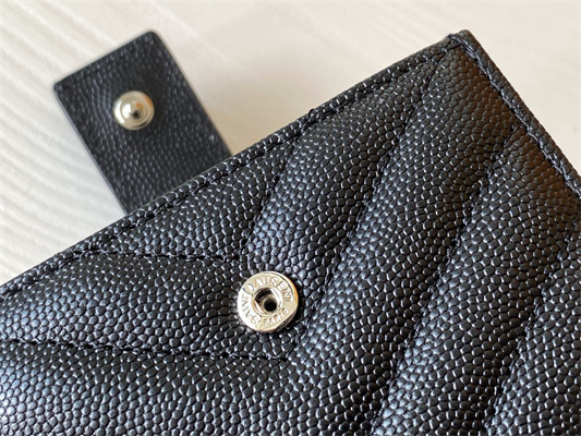 Y.S.L MONOGRAM BUSINESS CARD CASE IN GRAIN DE POUDRE EMBOSSED LEATHER Black Color Silver Tone Metal