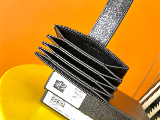 Y.S.L MONOGRAM BUSINESS CARD CASE IN GRAIN DE POUDRE EMBOSSED LEATHER Black Color Silver Tone Metal