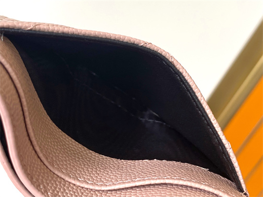 Y.S.L MONOGRAM MATELASS?? CARD CASE IN GRAIN DE POUDRE EMBOSSED LEATHER Pink Color Gold Tone Metal