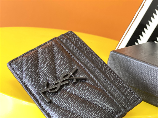 Y.S.L MONOGRAM MATELASS?? CARD CASE IN GRAIN DE POUDRE EMBOSSED LEATHER Black Color Black Tone Metal