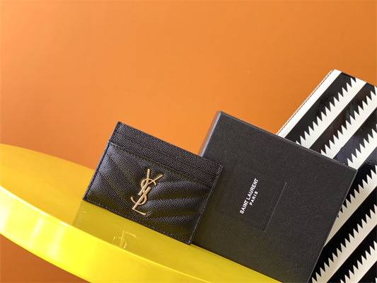 Y.S.L MONOGRAM MATELASS?? CARD CASE IN GRAIN DE POUDRE EMBOSSED LEATHER Black Color Gold Tone Metal
