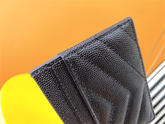 Y.S.L MONOGRAM MATELASS?? CARD CASE IN GRAIN DE POUDRE EMBOSSED LEATHER Black Color Gold Tone Metal