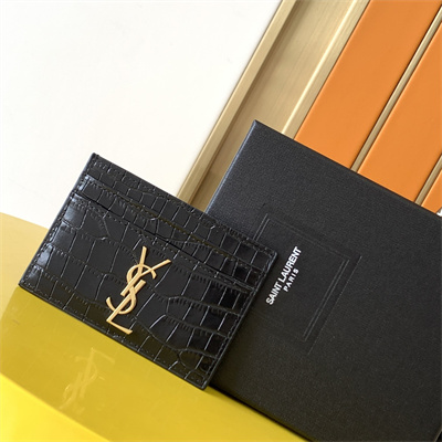 Y.S.L MONOGRAM MATELASS?? CARD CASE IN CROCODILE EMBOSSED LEATHER Black Color Gold Tone Metal