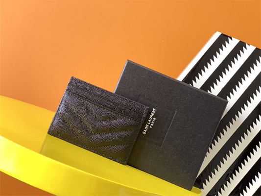 Y.S.L MONOGRAM MATELASS?? CARD CASE IN GRAIN DE POUDRE EMBOSSED LEATHER Black Color Silver Tone Metal